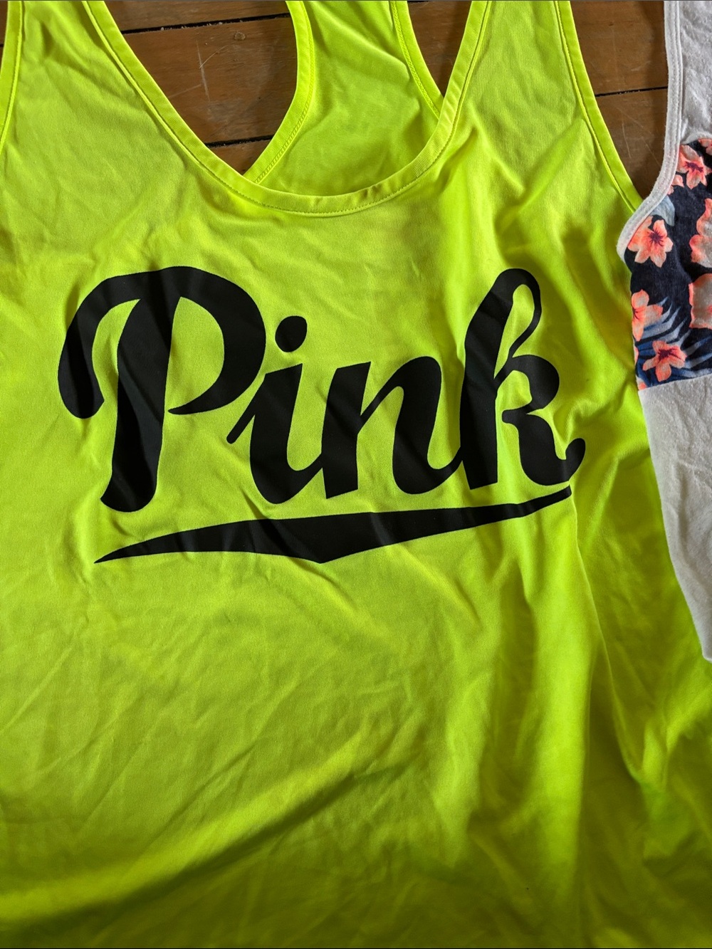 PINK Victoria's Secret Neon Yellow and White Racerback Tank - Picture 4 of 6